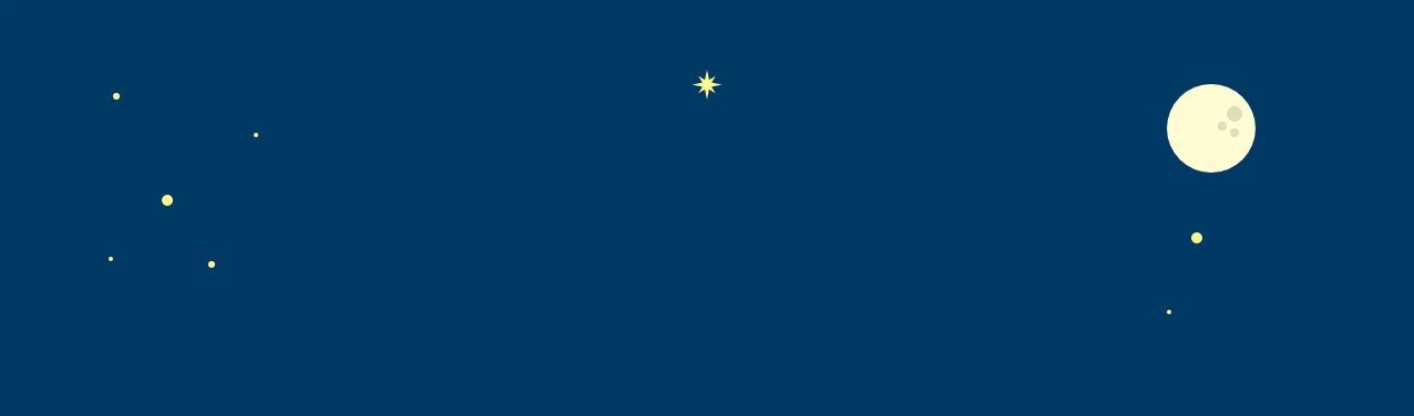 Background of a dark blue night sky with scattered yellow stars and a glowing full moon on the right.